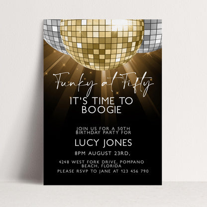50th Birthday Invitation Disco Theme Editable Funky at Fifty Party Invite Retro Gold Mirror Ball Printable Digital Corjl Template