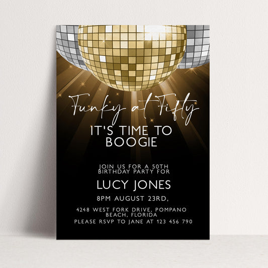 50th Birthday Invitation Disco Theme Editable Funky at Fifty Party Invite Retro Gold Mirror Ball Printable Digital Corjl Template
