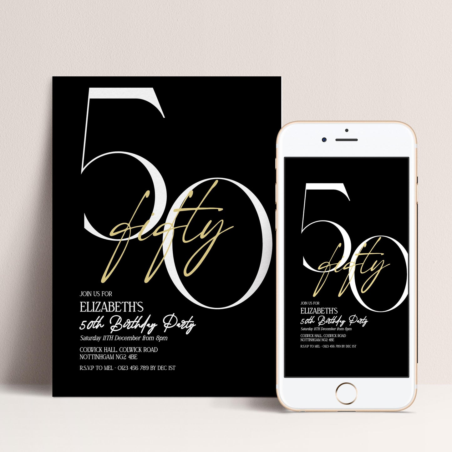 50th Birthday Invitation, Minimalist Fifty Party Invite, Editable Template Printable Digital Download