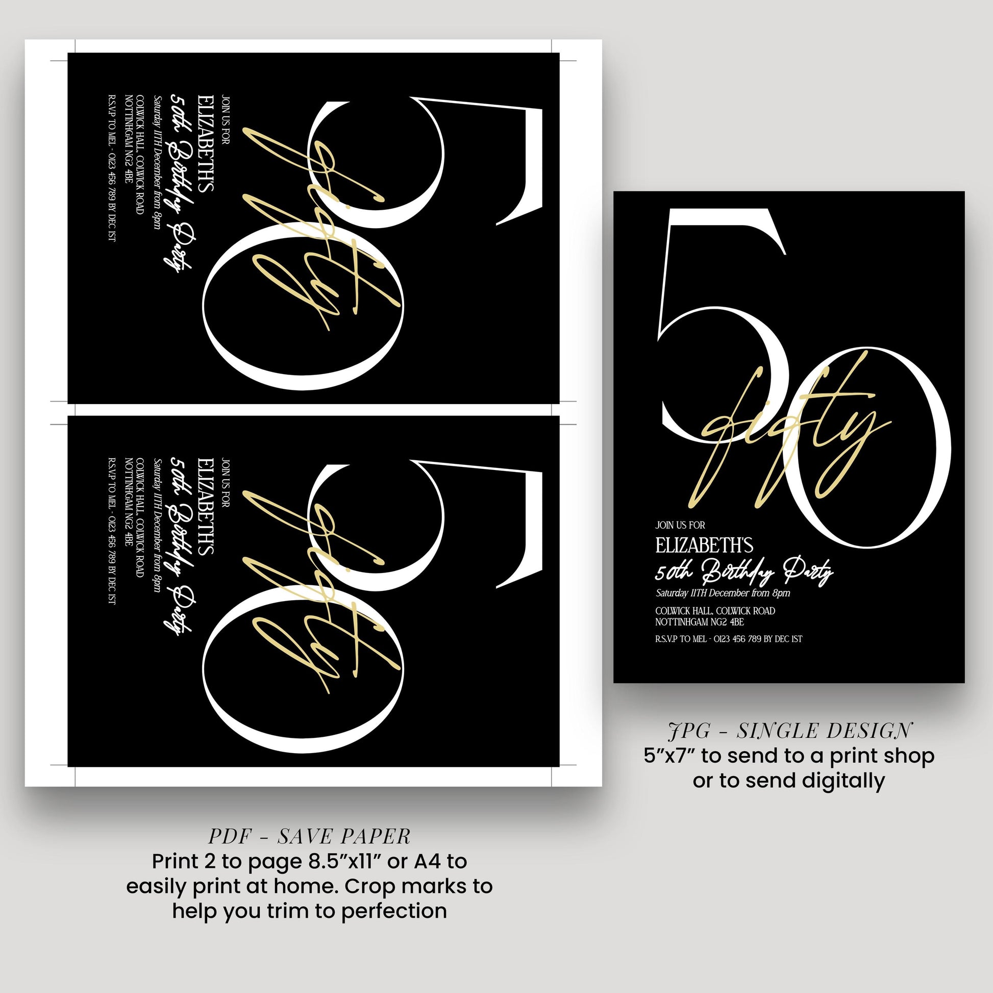 50th Birthday Invitation, Minimalist Fifty Party Invite, Editable Template Printable Digital Download