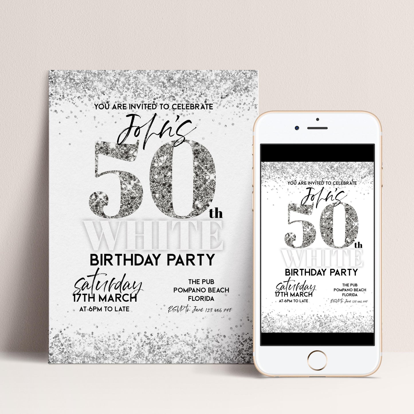 50th Birthday Invitation White Silver Glitter, Elegant Party Invite for Her, Milestone Birthday Celebration, Editable Template