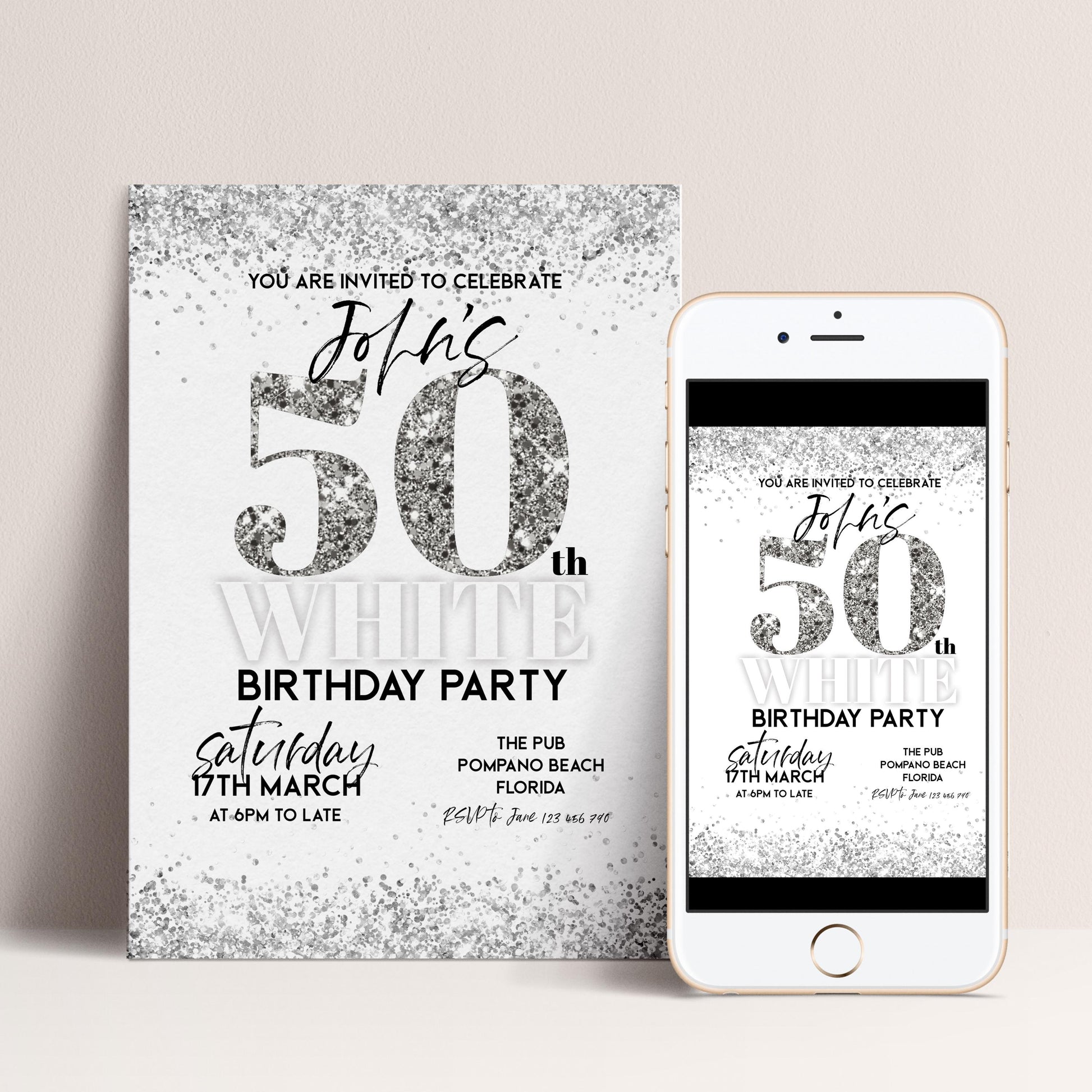 50th Birthday Invitation White Silver Glitter, Elegant Party Invite for Her, Milestone Birthday Celebration, Editable Template
