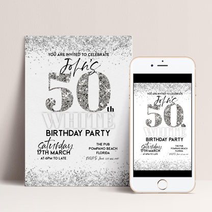 50th Birthday Invitation White Silver Glitter, Elegant Party Invite for Her, Milestone Birthday Celebration, Editable Template