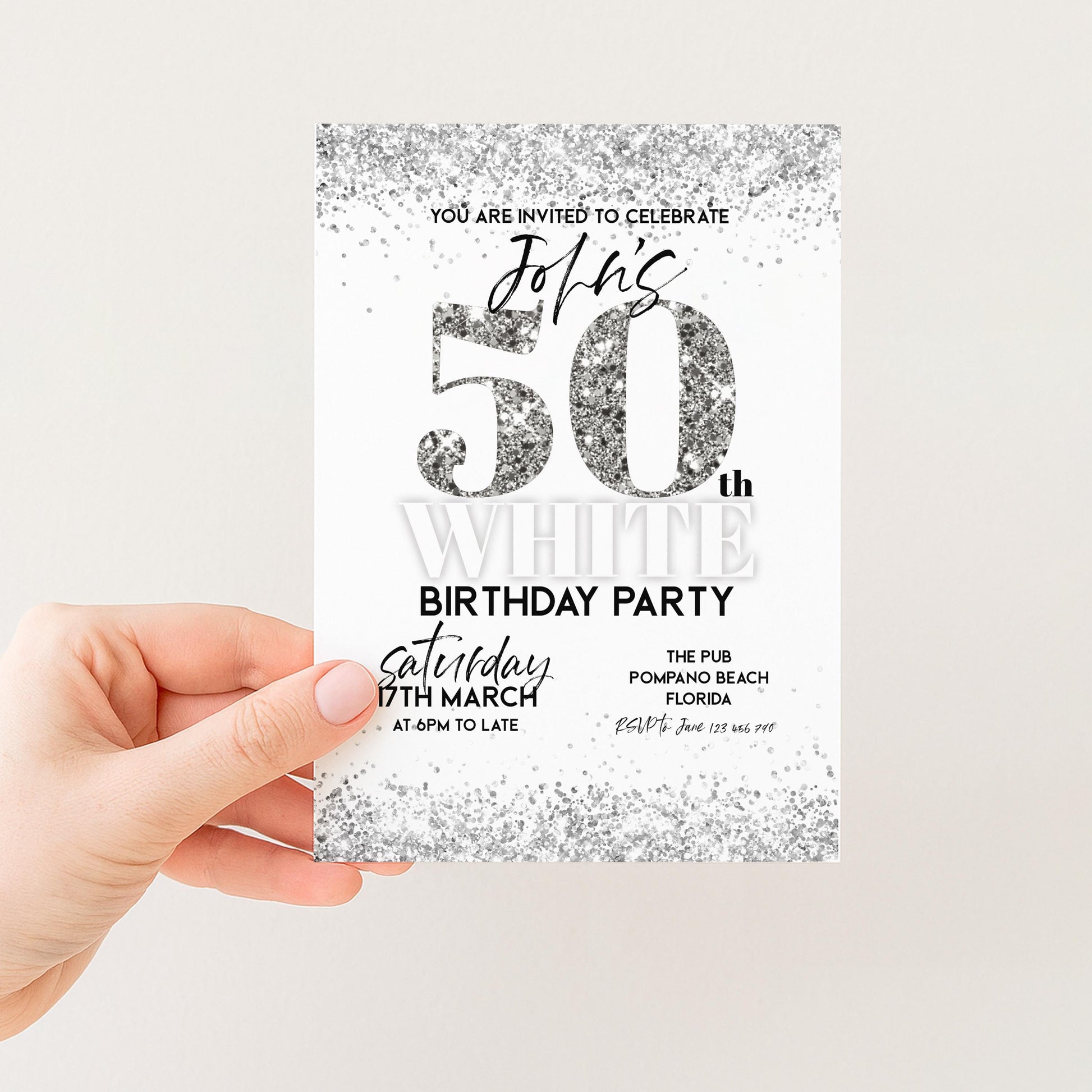 50th Birthday Invitation White Silver Glitter, Elegant Party Invite for Her, Milestone Birthday Celebration, Editable Template