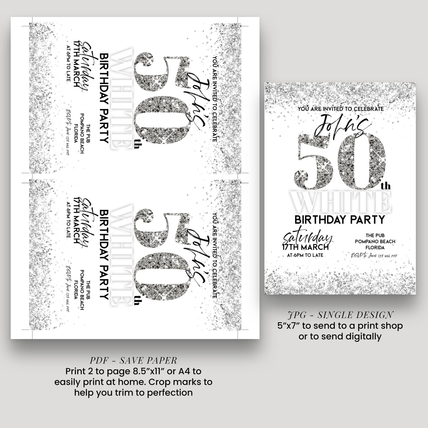 50th Birthday Invitation White Silver Glitter, Elegant Party Invite for Her, Milestone Birthday Celebration, Editable Template