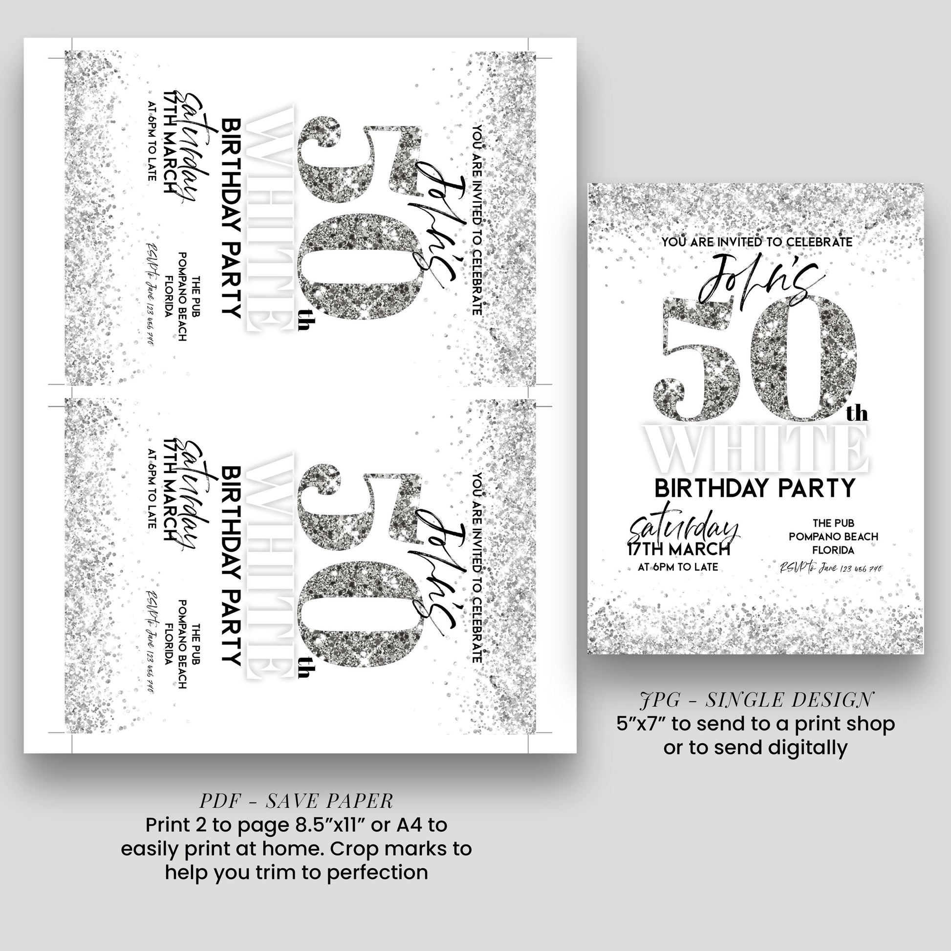 50th Birthday Invitation White Silver Glitter, Elegant Party Invite for Her, Milestone Birthday Celebration, Editable Template