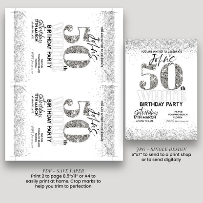 50th Birthday Invitation White Silver Glitter, Elegant Party Invite for Her, Milestone Birthday Celebration, Editable Template