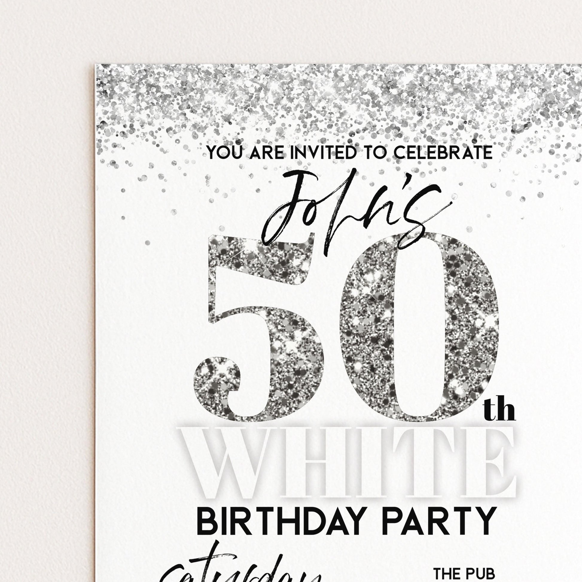 50th Birthday Invitation White Silver Glitter, Elegant Party Invite for Her, Milestone Birthday Celebration, Editable Template