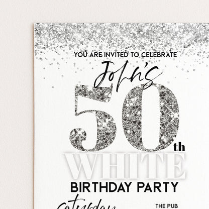 50th Birthday Invitation White Silver Glitter, Elegant Party Invite for Her, Milestone Birthday Celebration, Editable Template