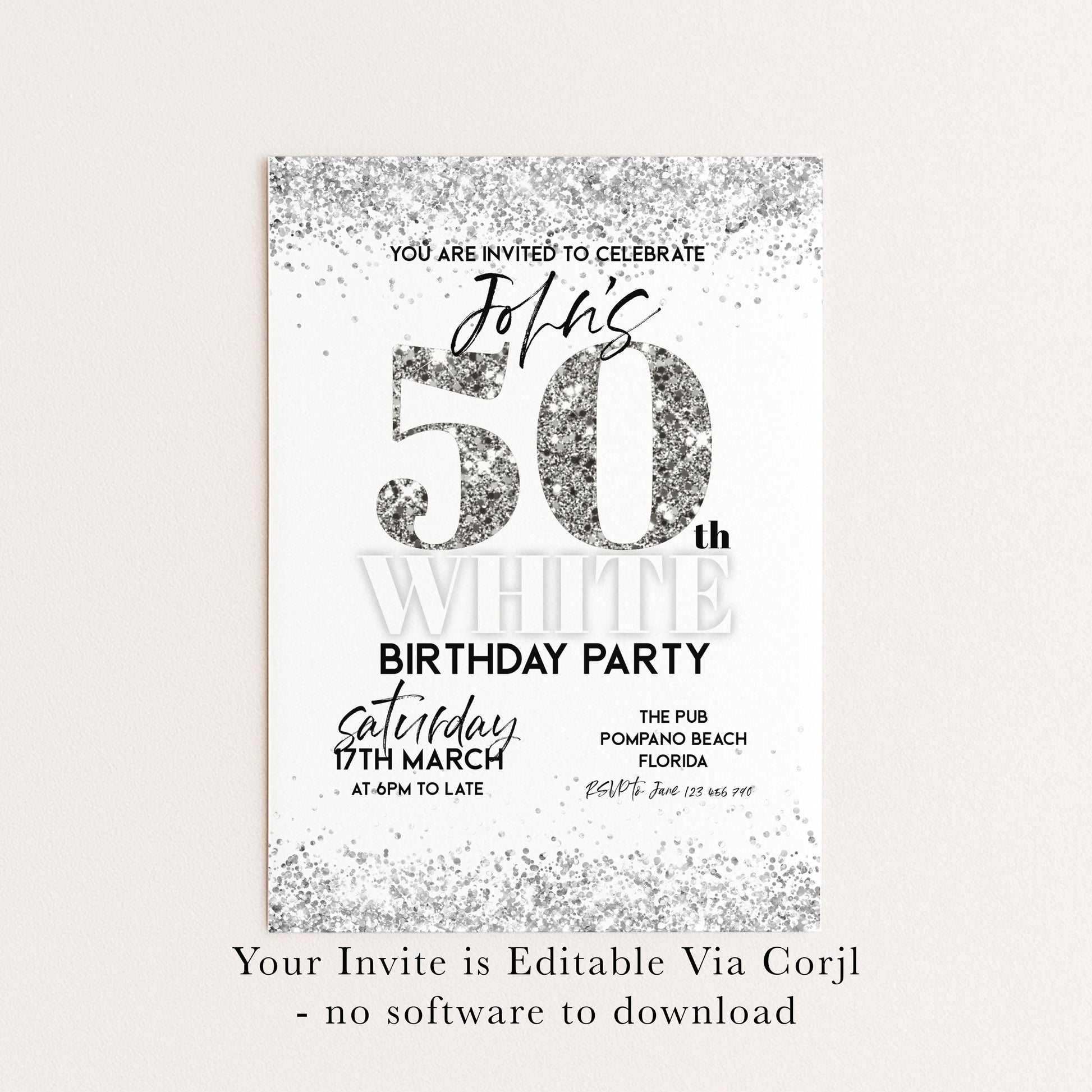 50th Birthday Invitation White Silver Glitter, Elegant Party Invite for Her, Milestone Birthday Celebration, Editable Template