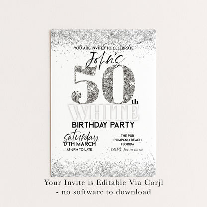 50th Birthday Invitation White Silver Glitter, Elegant Party Invite for Her, Milestone Birthday Celebration, Editable Template