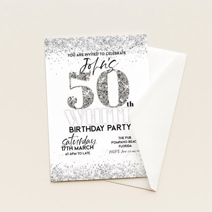 50th Birthday Invitation White Silver Glitter, Elegant Party Invite for Her, Milestone Birthday Celebration, Editable Template