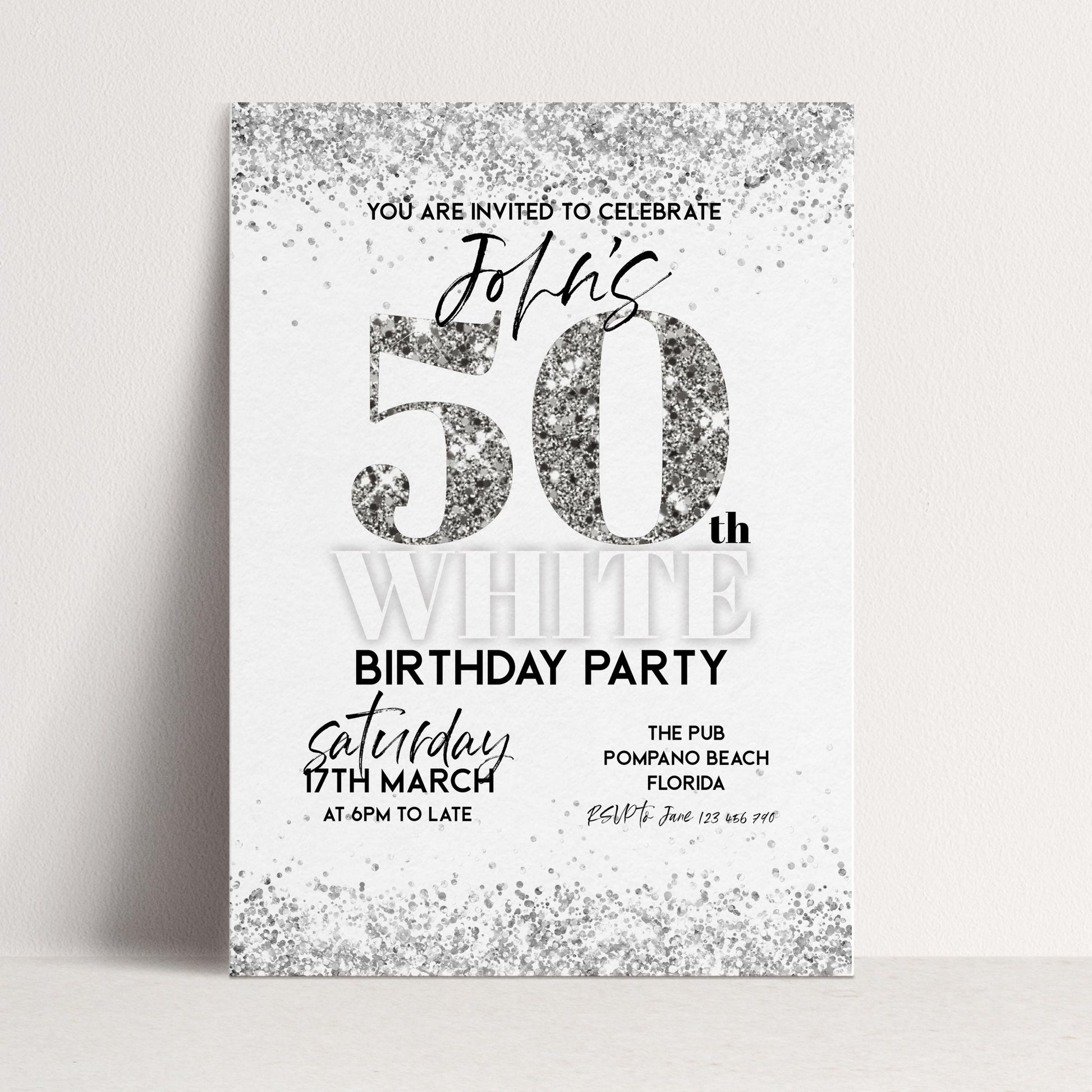 50th Birthday Invitation White Silver Glitter, Elegant Party Invite for Her, Milestone Birthday Celebration, Editable Template