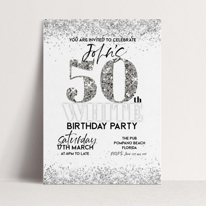 50th Birthday Invitation White Silver Glitter, Elegant Party Invite for Her, Milestone Birthday Celebration, Editable Template