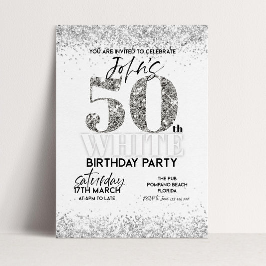 50th Birthday Invitation White Silver Glitter, Elegant Party Invite for Her, Milestone Birthday Celebration, Editable Template