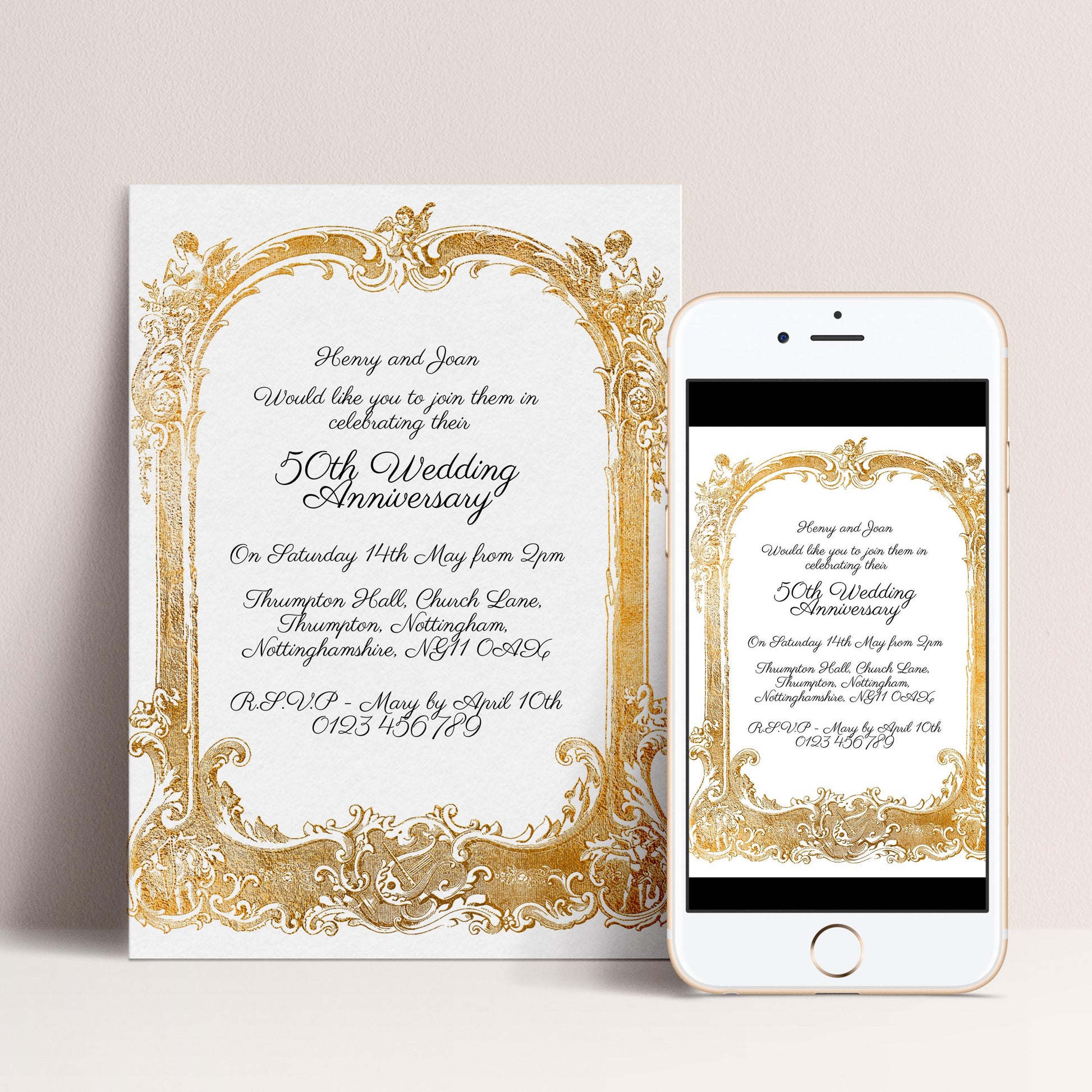 A wedding invitation card and a smartphone displaying the same wedding invitation.