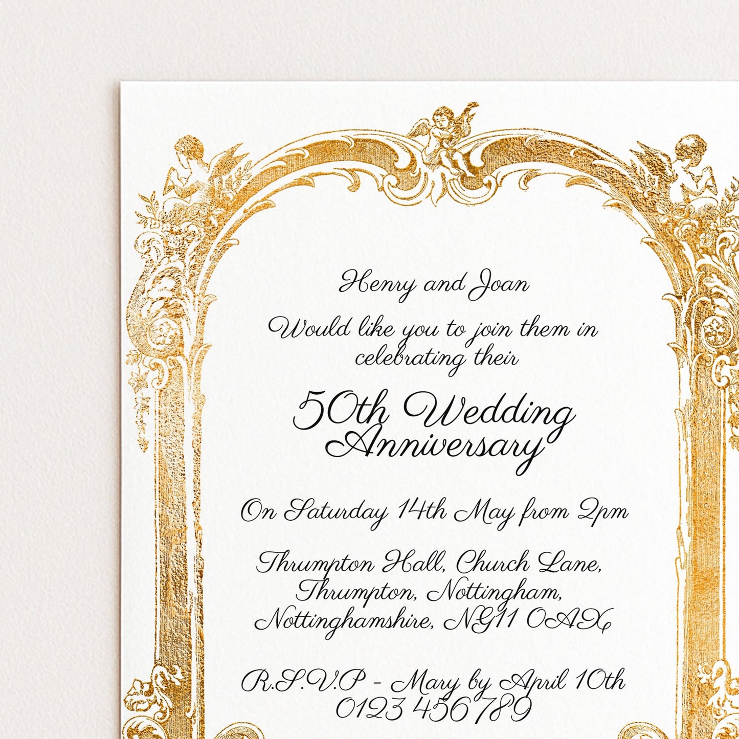 The image is a wedding invitation card with an ornate golden border and elegant text.