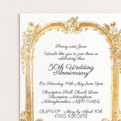 The image is a wedding invitation card with an ornate golden border and elegant text.