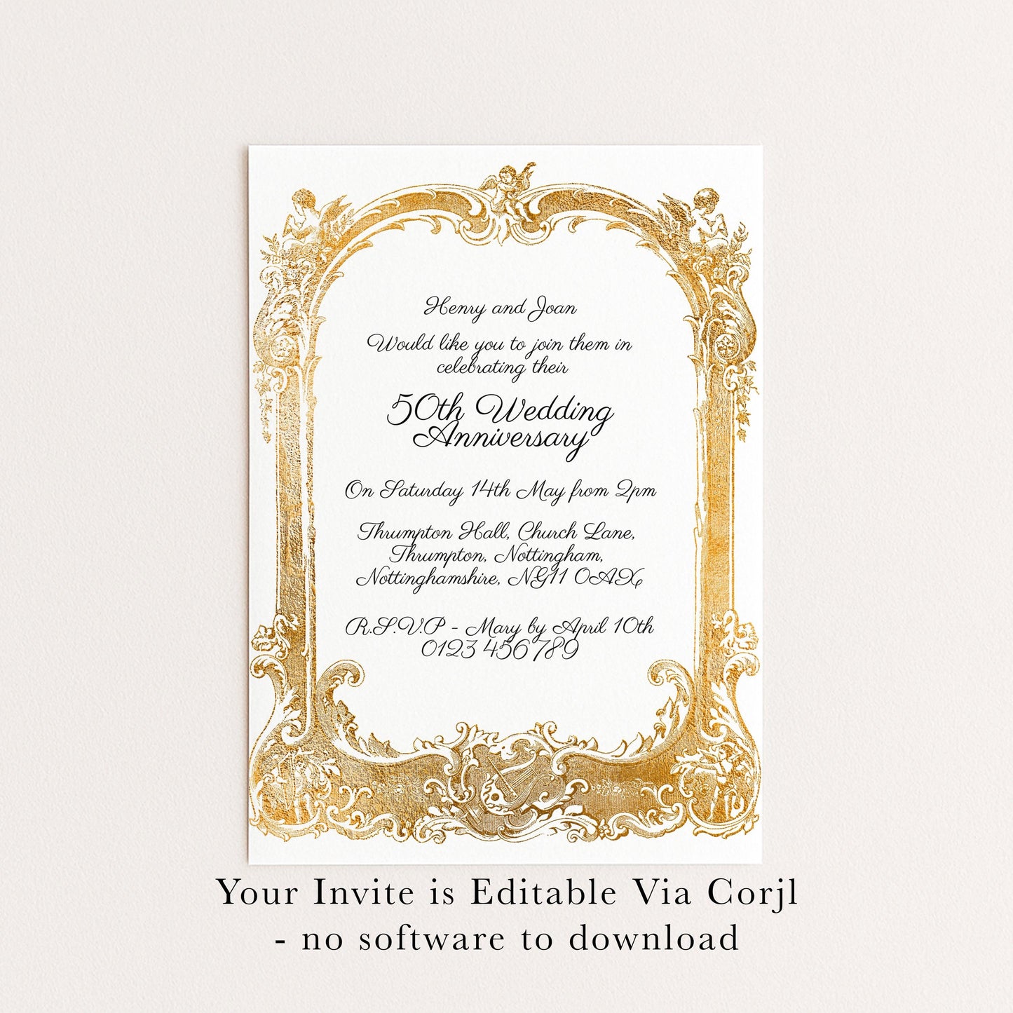 The image is a wedding invitation card with an ornate gold frame and text.