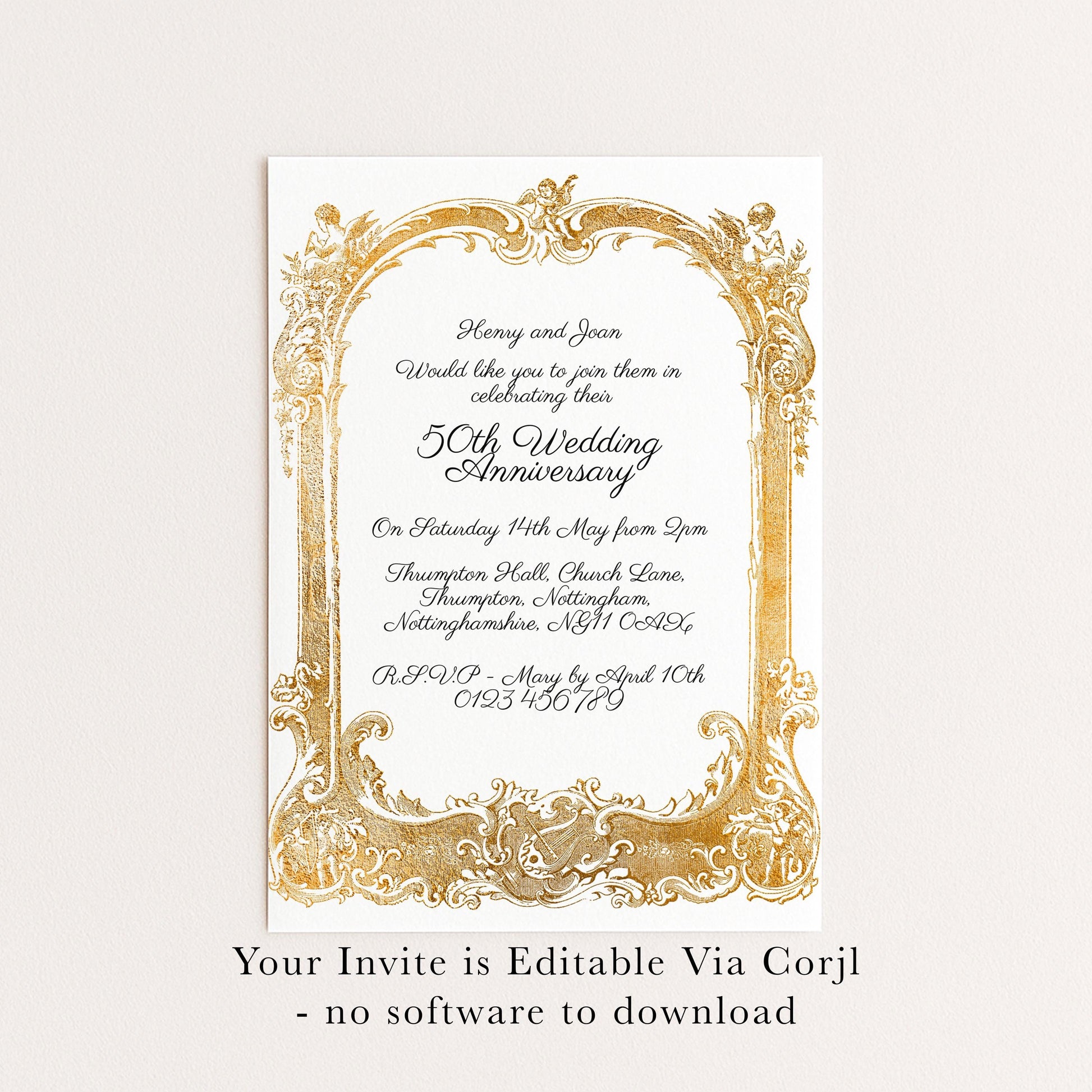 The image is a wedding invitation card with an ornate gold frame and text.