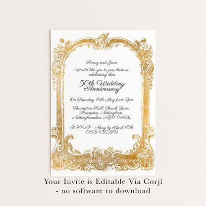 The image is a wedding invitation card with an ornate gold frame and text.