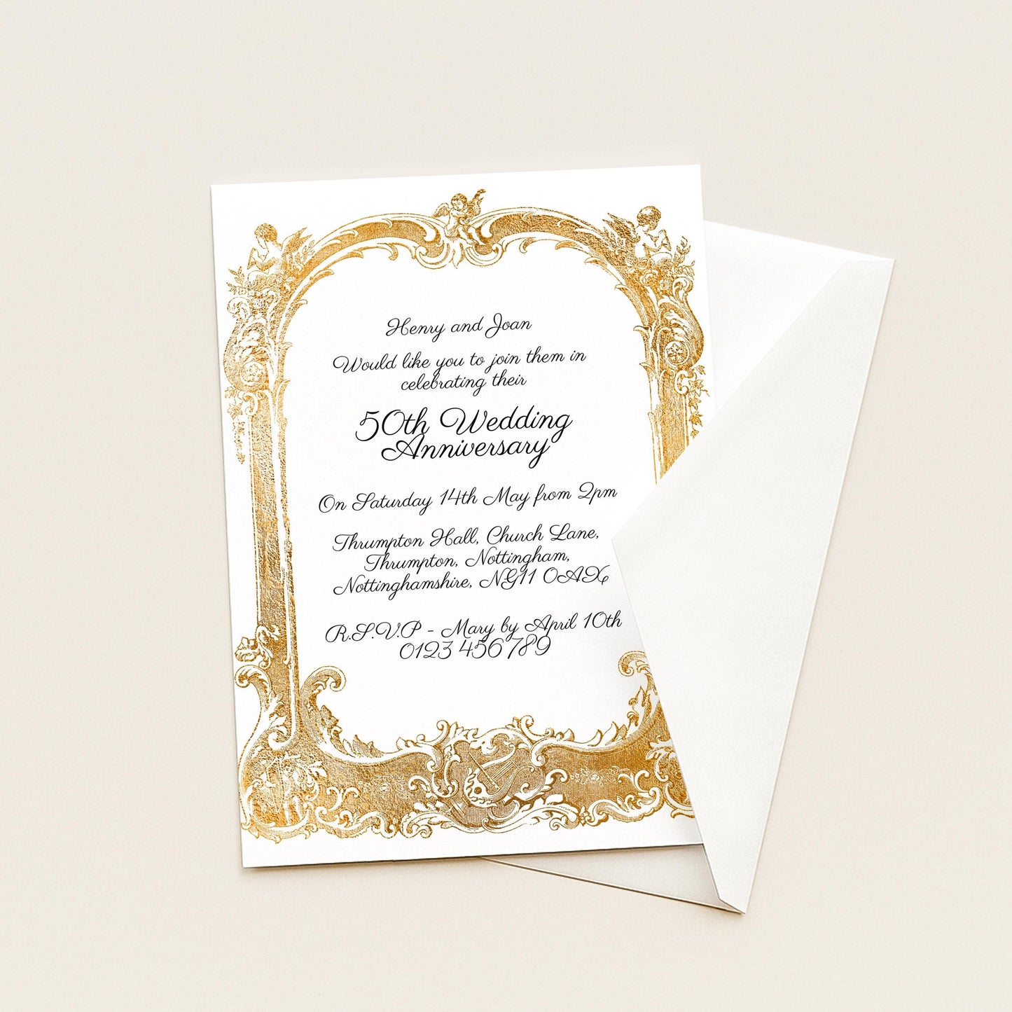 The image is a wedding invitation card with an ornate gold frame and text.