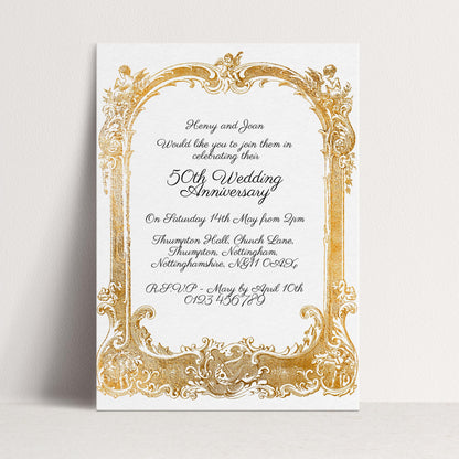 The image is a wedding invitation card with an ornate gold frame and text.