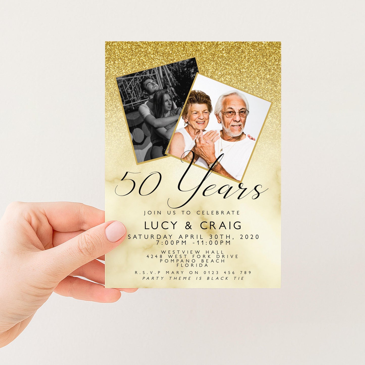 50th Wedding Anniversary Party Invitation Editable Add Your Own Photos Glitter Marble Golden Invitation 50 Years Instant Download