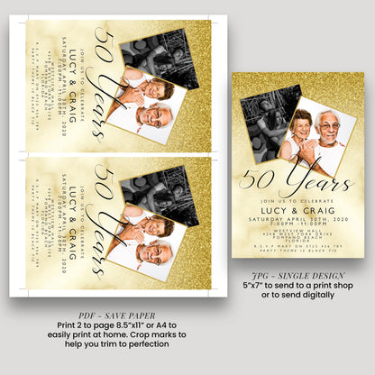50th Wedding Anniversary Party Invitation Editable Add Your Own Photos Glitter Marble Golden Invitation 50 Years Instant Download