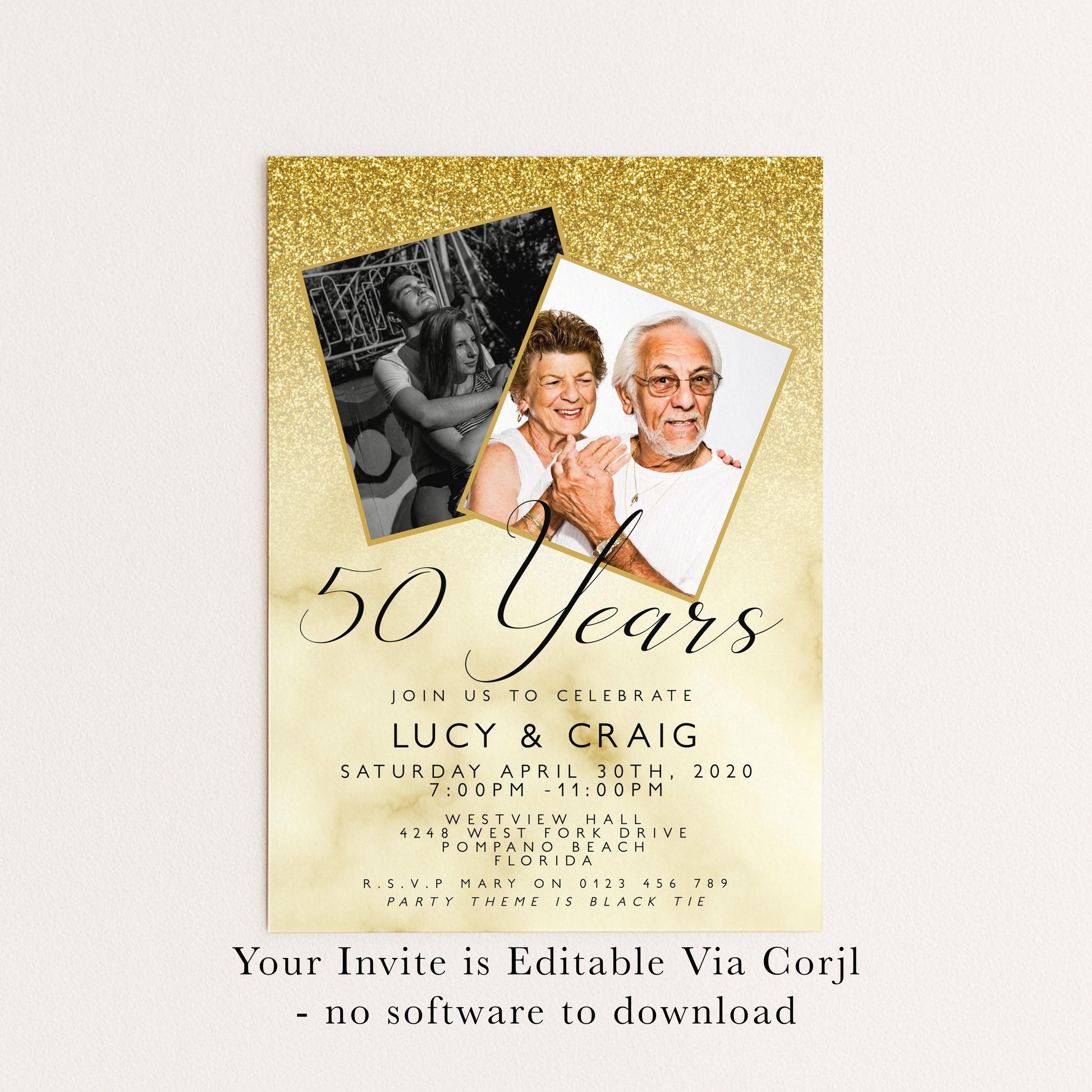 50th Wedding Anniversary Party Invitation Editable Add Your Own Photos Glitter Marble Golden Invitation 50 Years Instant Download