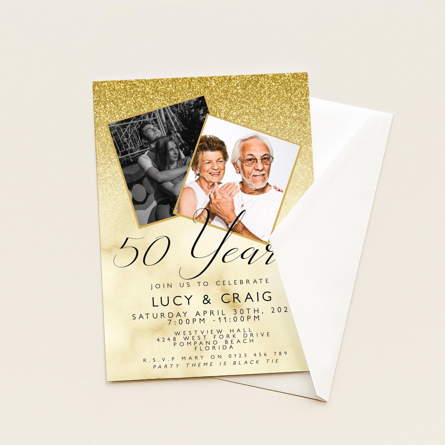 50th Wedding Anniversary Party Invitation Editable Add Your Own Photos Glitter Marble Golden Invitation 50 Years Instant Download