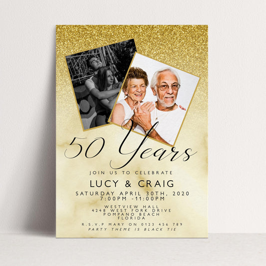 50th Wedding Anniversary Party Invitation Editable Add Your Own Photos Glitter Marble Golden Invitation 50 Years Instant Download