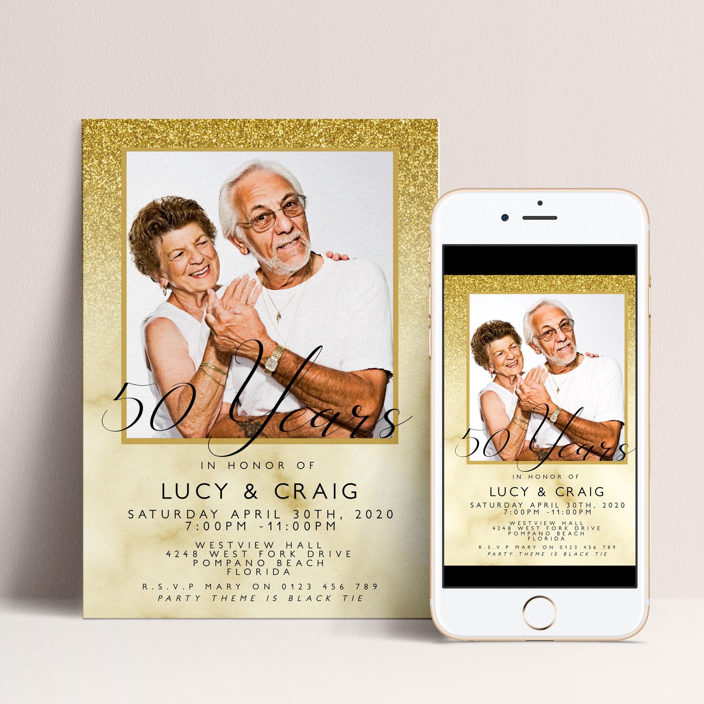 50th Wedding Anniversary Party Invitation Editable Add Your Own Photo Glitter Marble Golden Anniversary Invitation 50 Years Instant Download