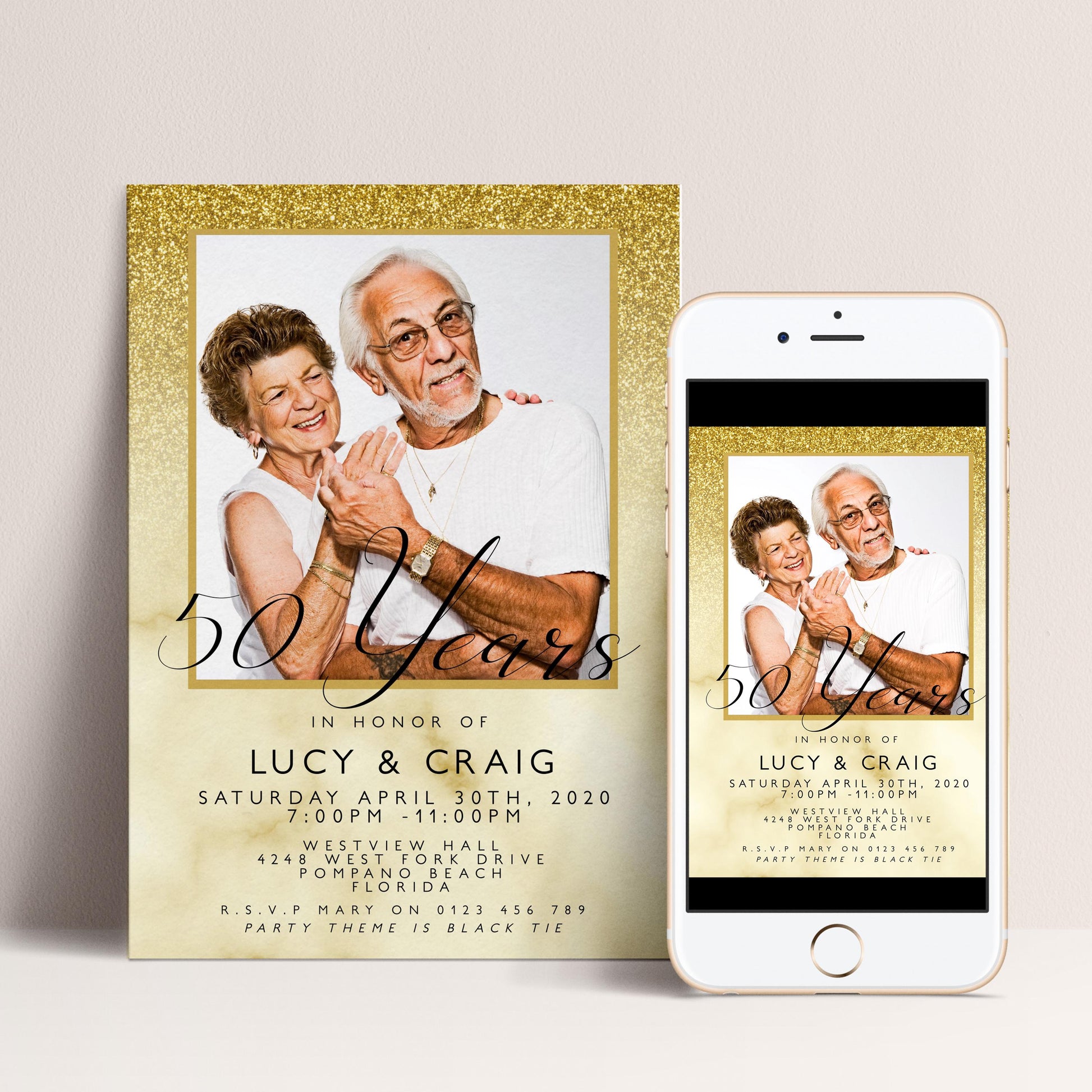 50th Wedding Anniversary Party Invitation Editable Add Your Own Photo Glitter Marble Golden Anniversary Invitation 50 Years Instant Download