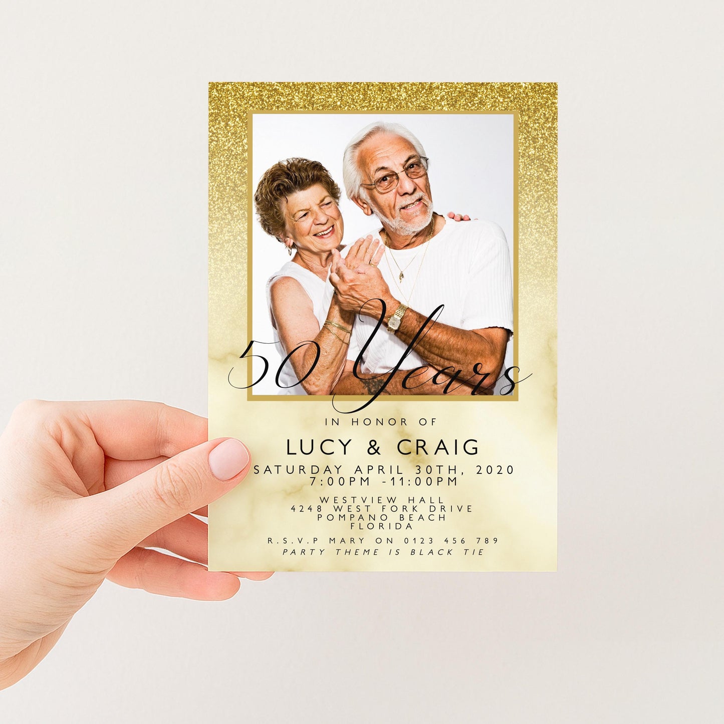 50th Wedding Anniversary Party Invitation Editable Add Your Own Photo Glitter Marble Golden Anniversary Invitation 50 Years Instant Download