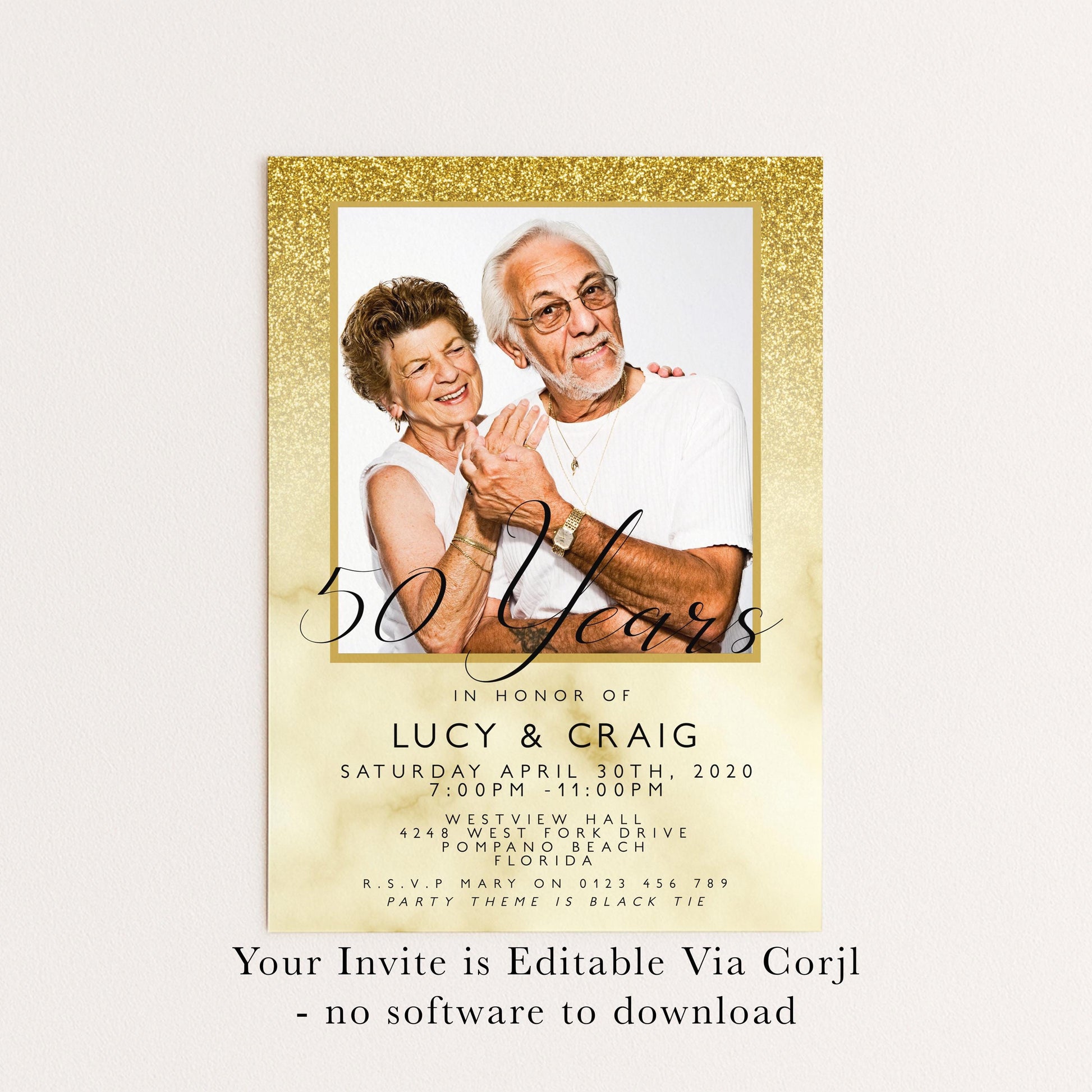 50th Wedding Anniversary Party Invitation Editable Add Your Own Photo Glitter Marble Golden Anniversary Invitation 50 Years Instant Download