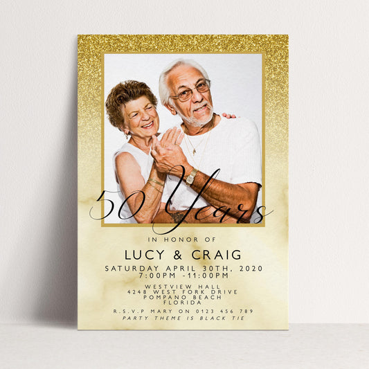 50th Wedding Anniversary Party Invitation Editable Add Your Own Photo Glitter Marble Golden Anniversary Invitation 50 Years Instant Download