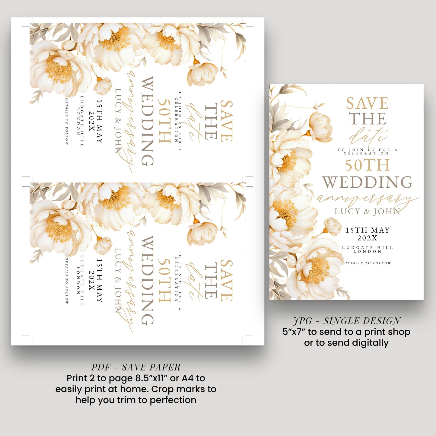 two pages of a wedding invitation or save-the-date card. The first page is a single design, and the second page is a printable save-the-date card. The first page has a floral design with white flowers, and the second page has a more detailed design with text and a date.