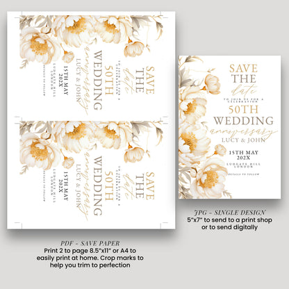 two pages of a wedding invitation or save-the-date card. The first page is a single design, and the second page is a printable save-the-date card. The first page has a floral design with white flowers, and the second page has a more detailed design with text and a date.