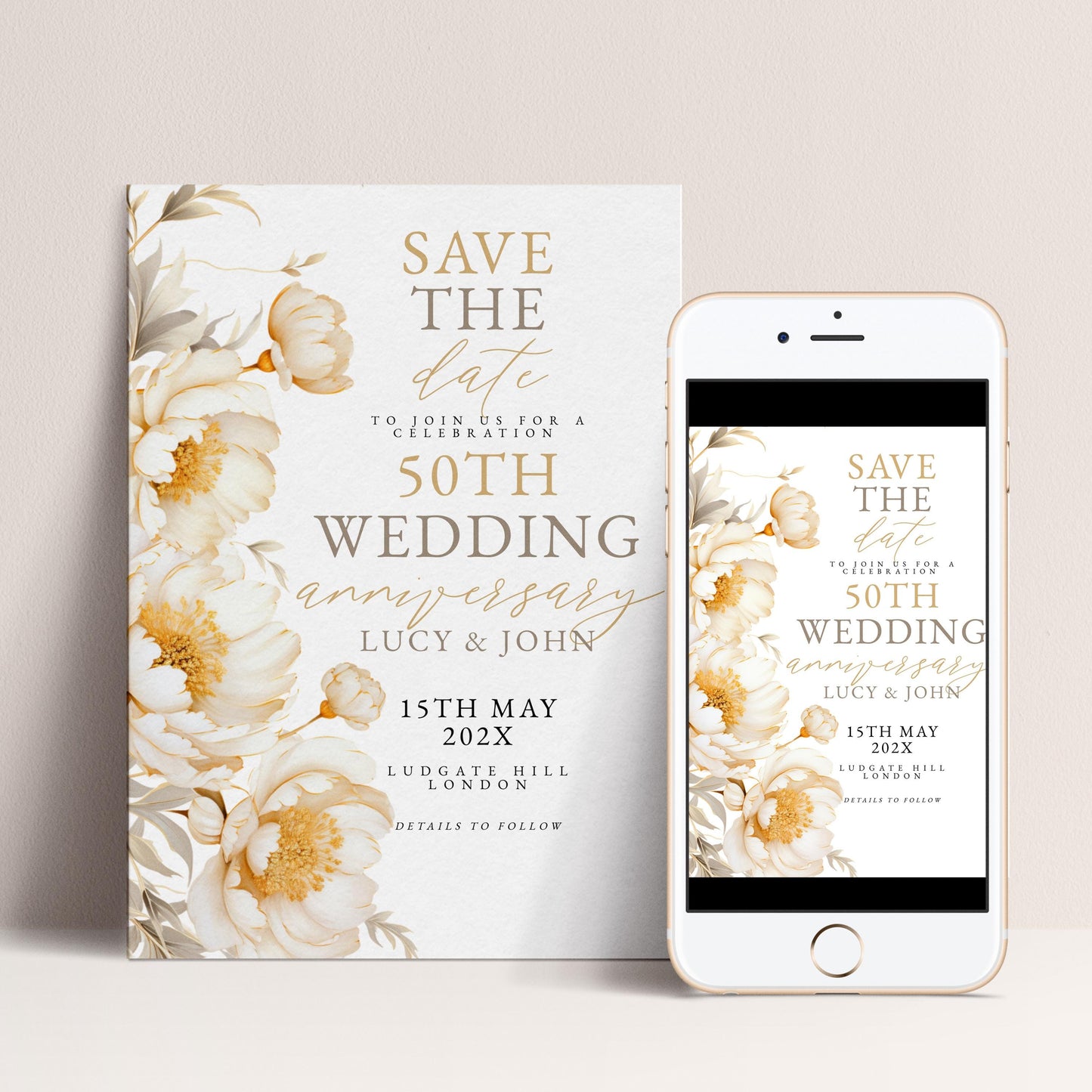a wedding invitation card and a smartphone screen with a wedding invitation. The card features a floral design with white and gold flowers, and the smartphone screen displays the same design with additional text.