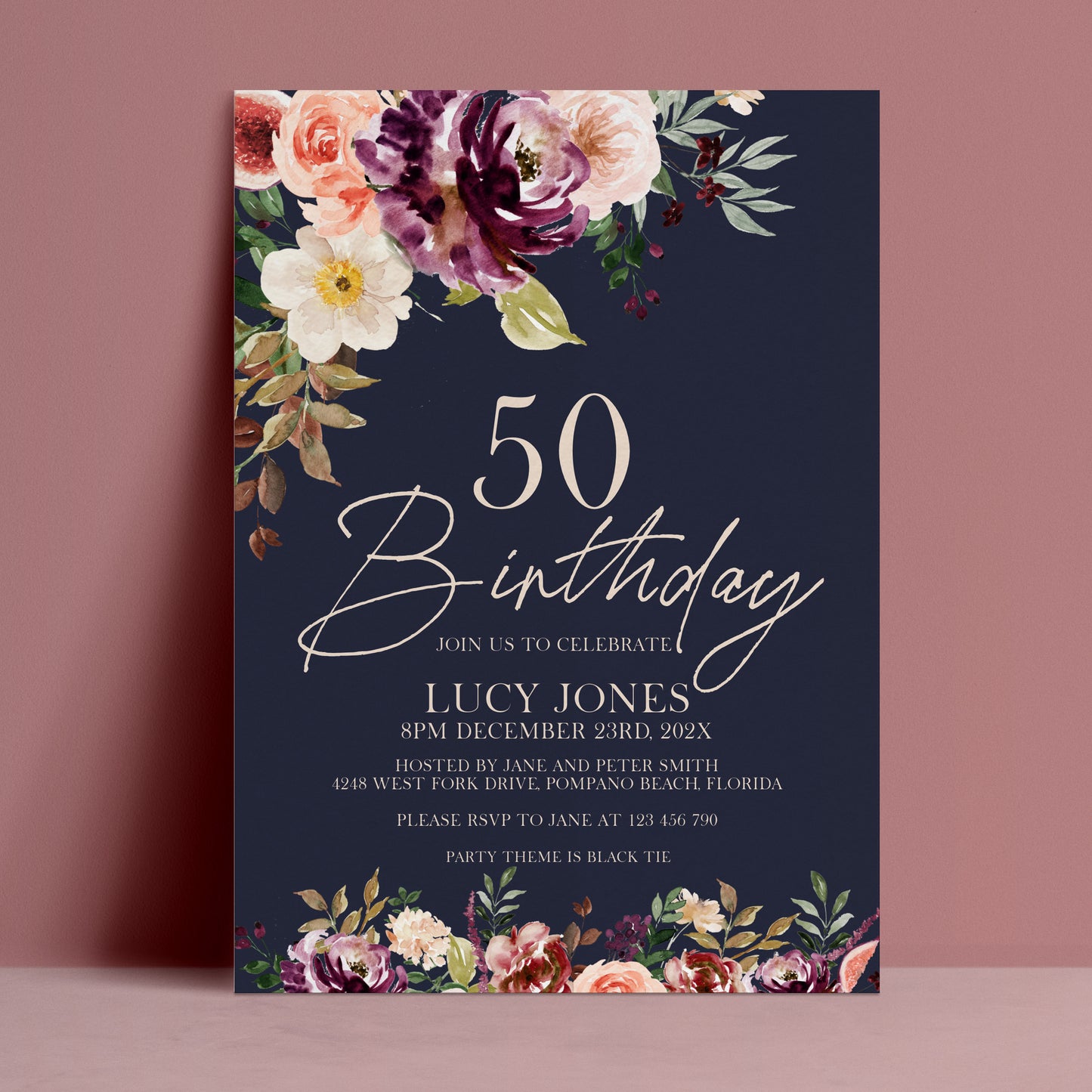 50th Birthday Invitation Navy Floral | Editable Digital Download Template | Printable Party Invite