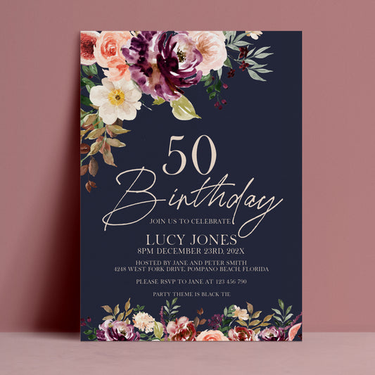 50th Birthday Invitation Navy Floral | Editable Digital Download Template | Printable Party Invite