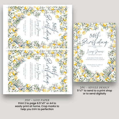 50th Birthday Invitation Lemon and Peacock | Editable Digital Download Template | Printable Garden Party Invite