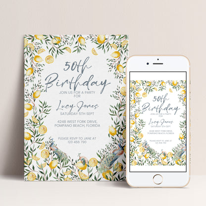 50th Birthday Invitation Lemon and Peacock | Editable Digital Download Template | Printable Garden Party Invite