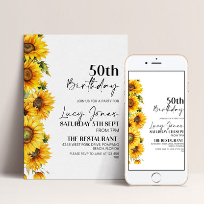 50th Birthday Invitation Sunflower | Editable Digital Download Template | Printable Party Invite