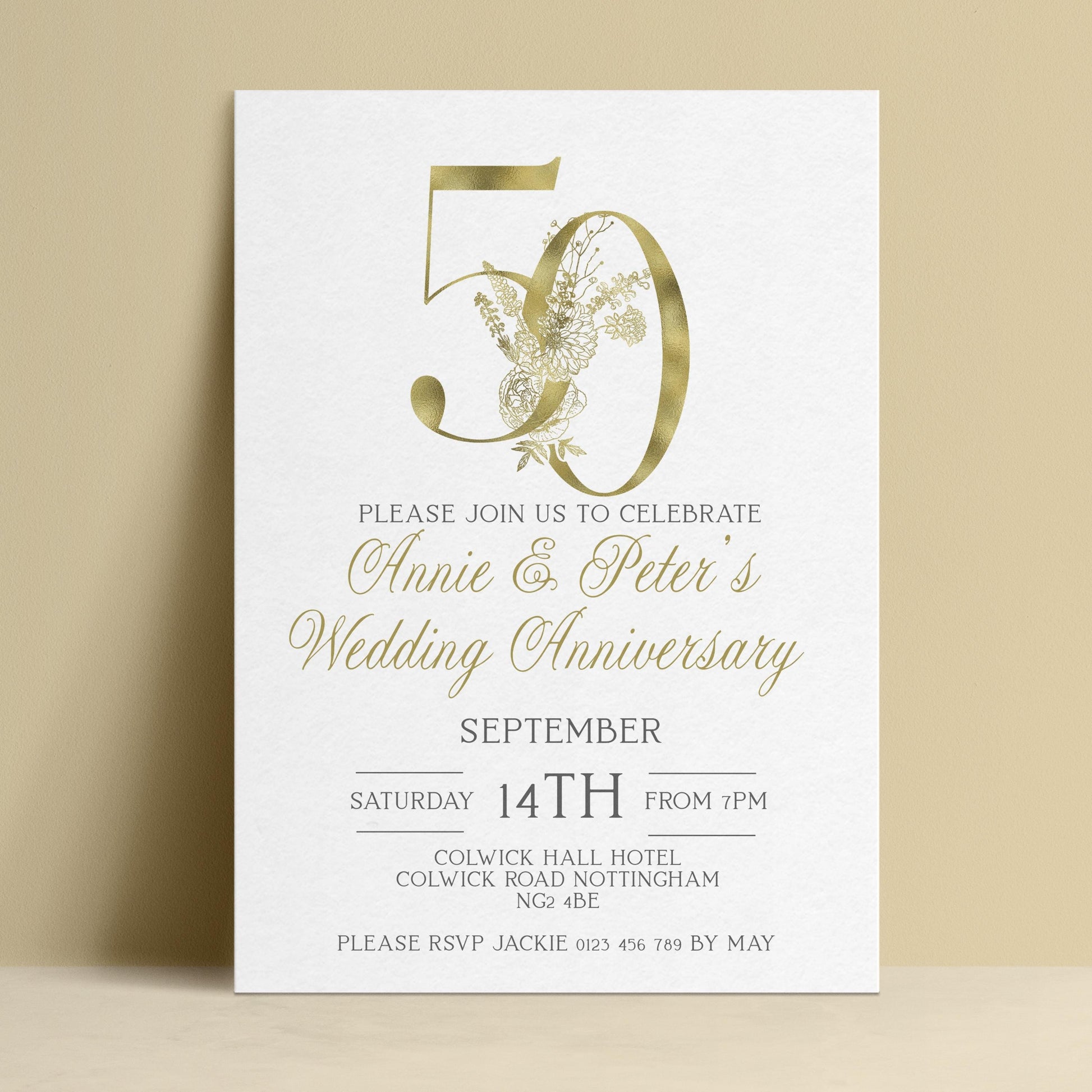 Editable 50th wedding anniversary invitation with gold foil number 50 and botanical floral illustration on white background — digital download template via Corjl