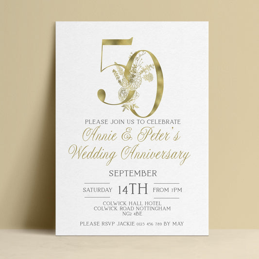Editable 50th wedding anniversary invitation with gold foil number 50 and botanical floral illustration on white background — digital download template via Corjl