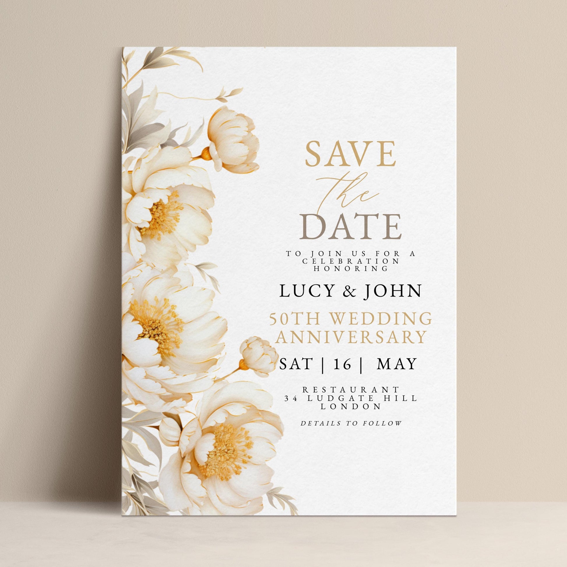 Editable 50th wedding anniversary save the date with watercolour cream and gold peony border — digital download template via Corjl