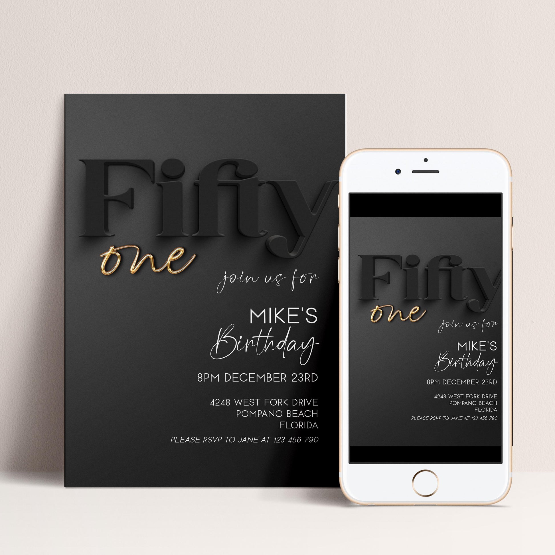 Editable 51st Birthday Invitation Black and Gold, Modern Fifty One Invite, Corjl Template, Elegant Birthday Party Invitation BG78