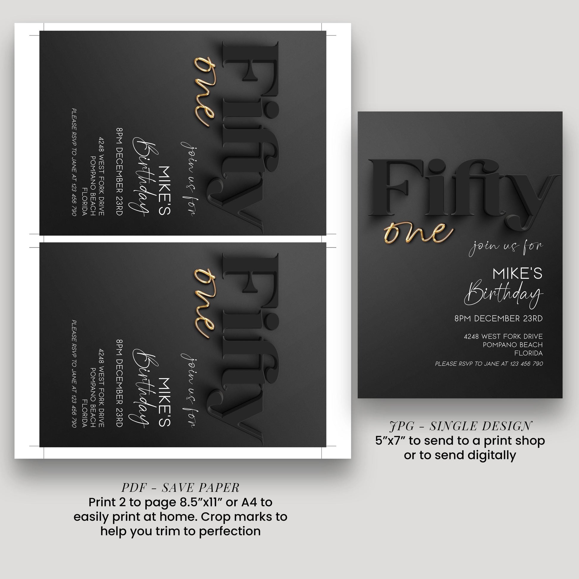 Editable 51st Birthday Invitation Black and Gold, Modern Fifty One Invite, Corjl Template, Elegant Birthday Party Invitation BG78